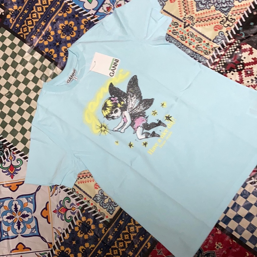 Ganni Trendy Fairy Graphic Tee Light Blue Designer Summer T-shirt NWT size Large